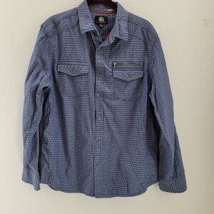 Rock & Republic Shirt Mens L Blue Pattern Button Up Long Sleeve Zip Pockets